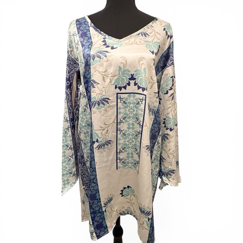 Jean Pierre Klifa Paris Silk Tunic Top Size Large Blue Geometric Resort Vacation